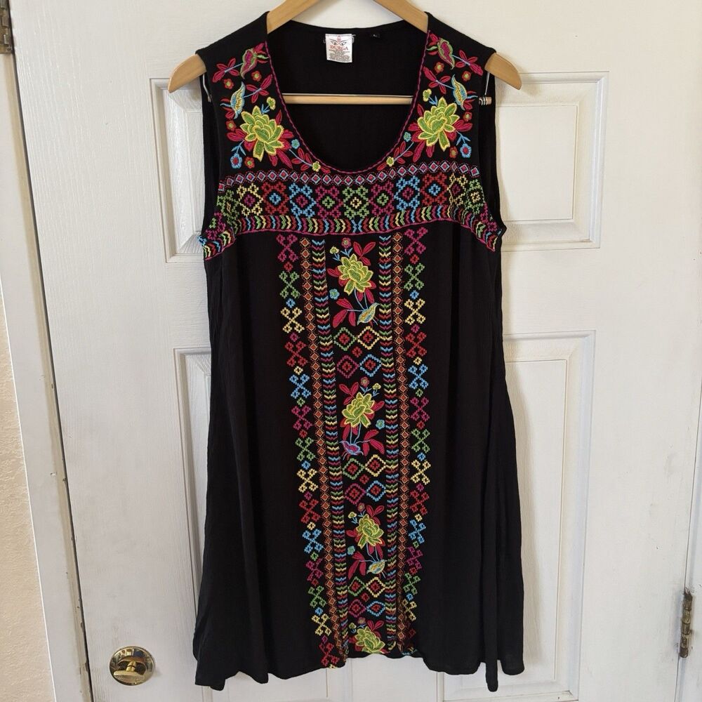 Embroidered Mexican Women Midi Dress Colorful Sleeveless Black L Bohemian Floral - Picture 2 of 10